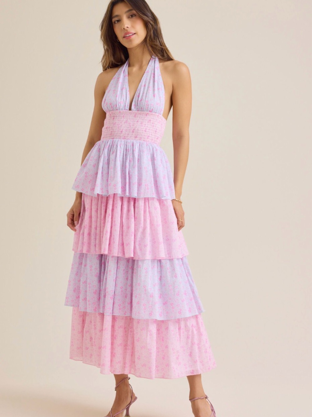 Altar'd State Pink and Lavender Smocked Halter Tiered Maxi Dress